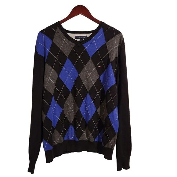 Vintage Tommy Hilfiger Argyle Pullover Men's V-Neck Sweater Large - Picture 1 of 6